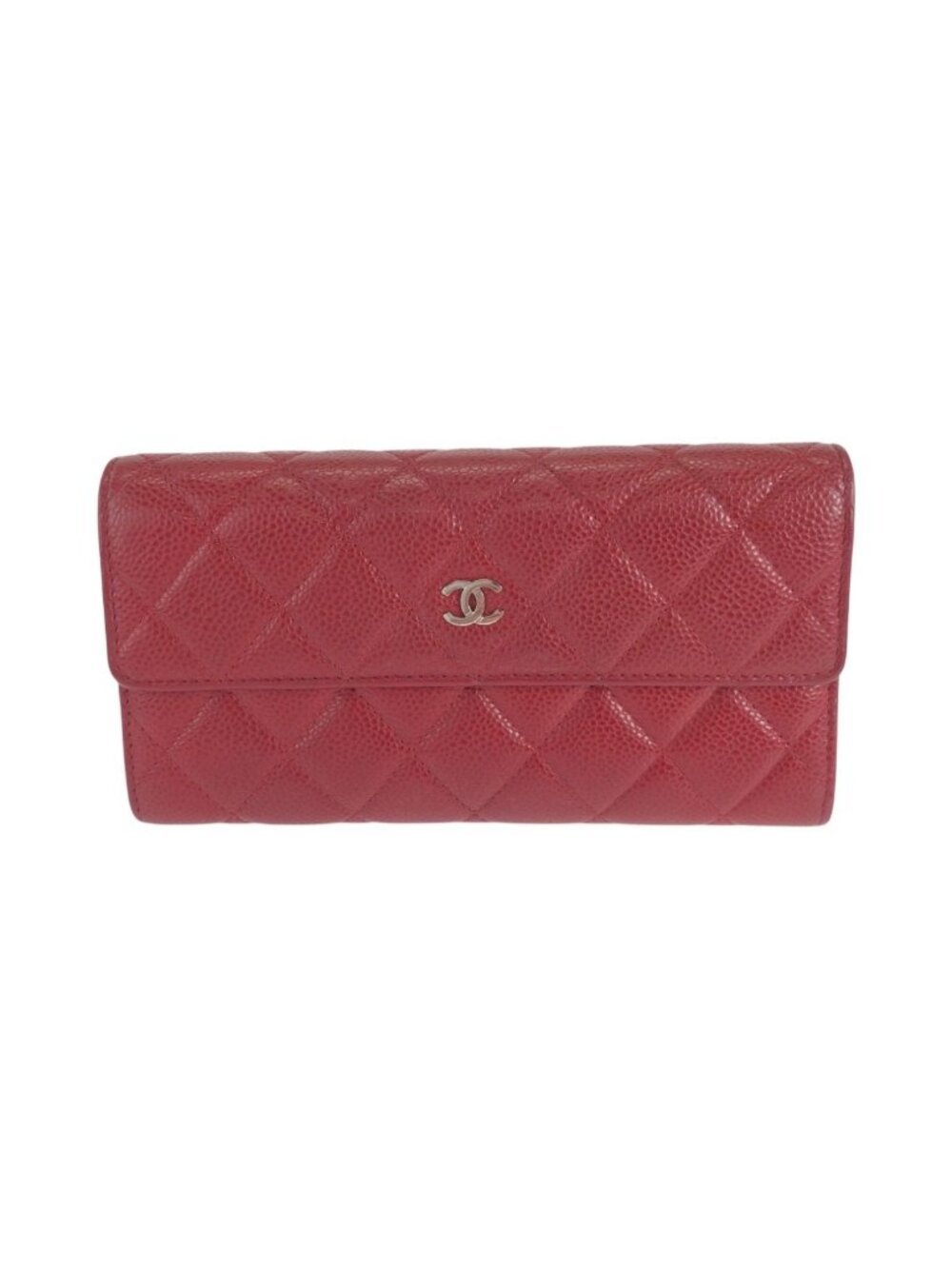 Chanel Quilted CC Logo Red Silver Caviar Leather Wallet